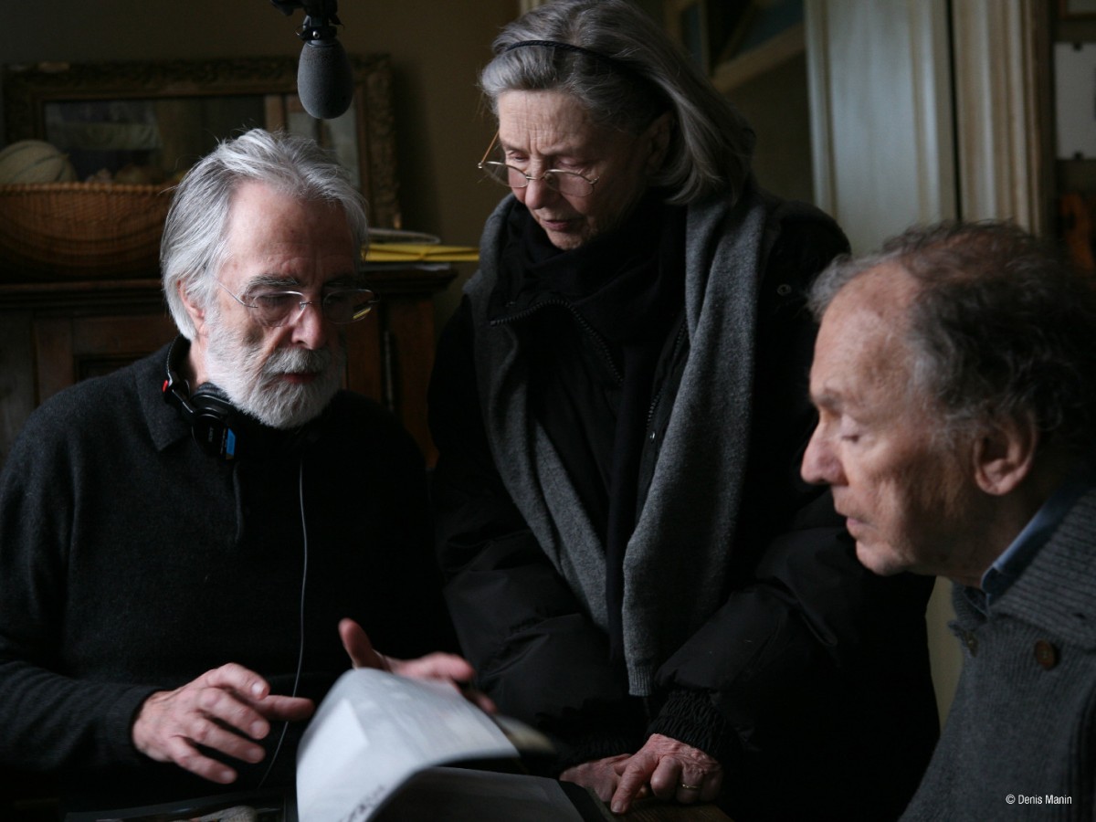 Michael Haneke, Emmanuelle Riva und Jean-Louis Trintignant am Set von 