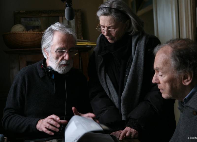 Michael Haneke, Emmanuelle Riva und Jean-Louis Trintignant am Set von "Amour", 2012, Michael Haneke © Denis Manin