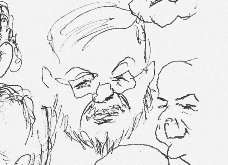Ausschnitt einer Karikatur von Bill Littlejohn, angefertigt während der Schlussdiskussion des Symposiums: in der Mitte Amos Vogel (Schriftgutsammlung ÖFM)
