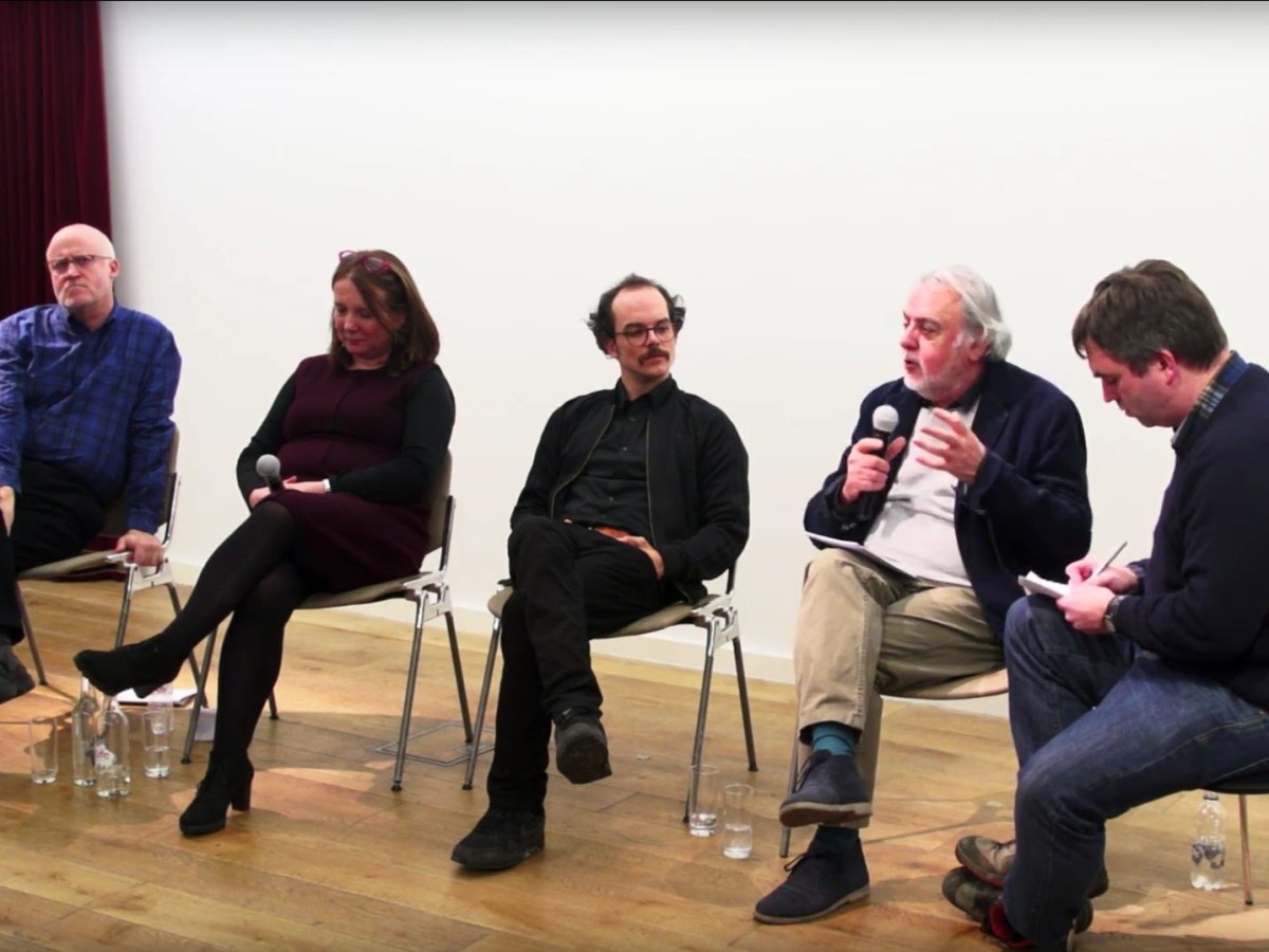 Gesprächsrunde mit Andrew Burn, Katren Lury, Alejandro Bachmann, Alain Bergala, Alasdair Satchel (v.l.n.r.) zur Buchpräsentation von Bergalas "The Cinema Hypothesis", BFI 2017