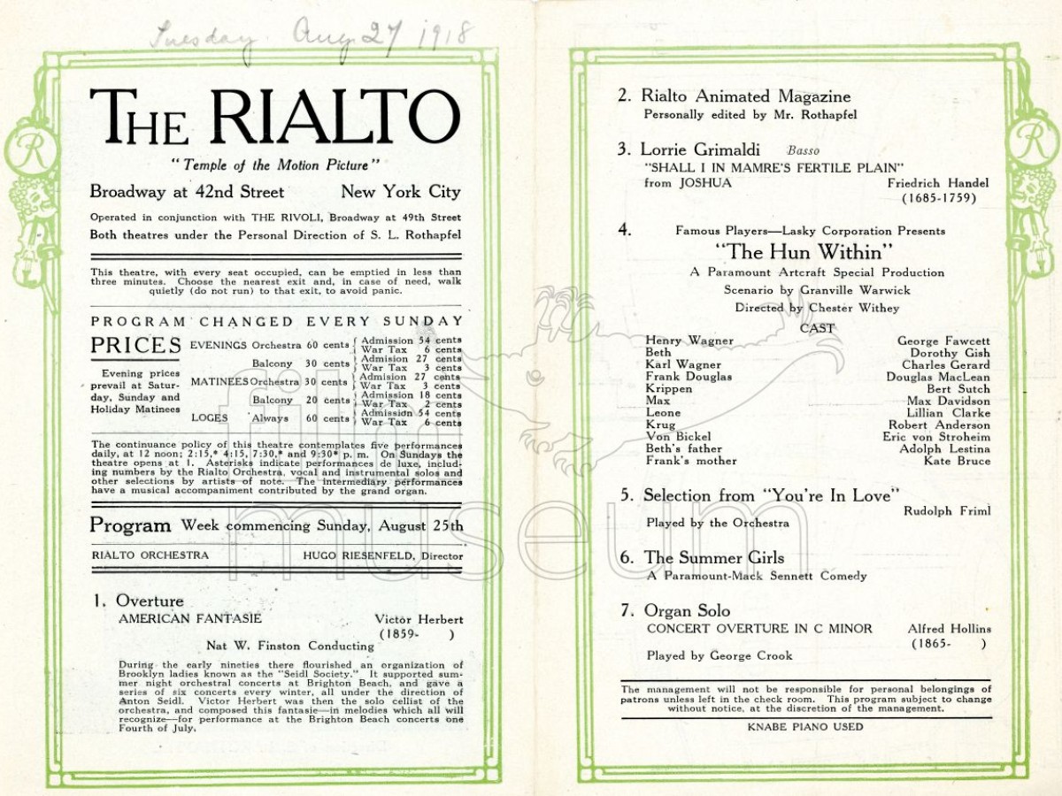 Program of the Rialto Cinema of August 27, 1918