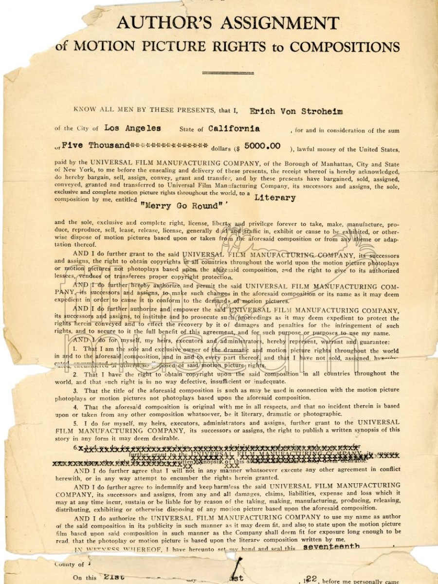 Vertrag zwischen Stroheim und der Universal für "Merry-Go-Round", 1923